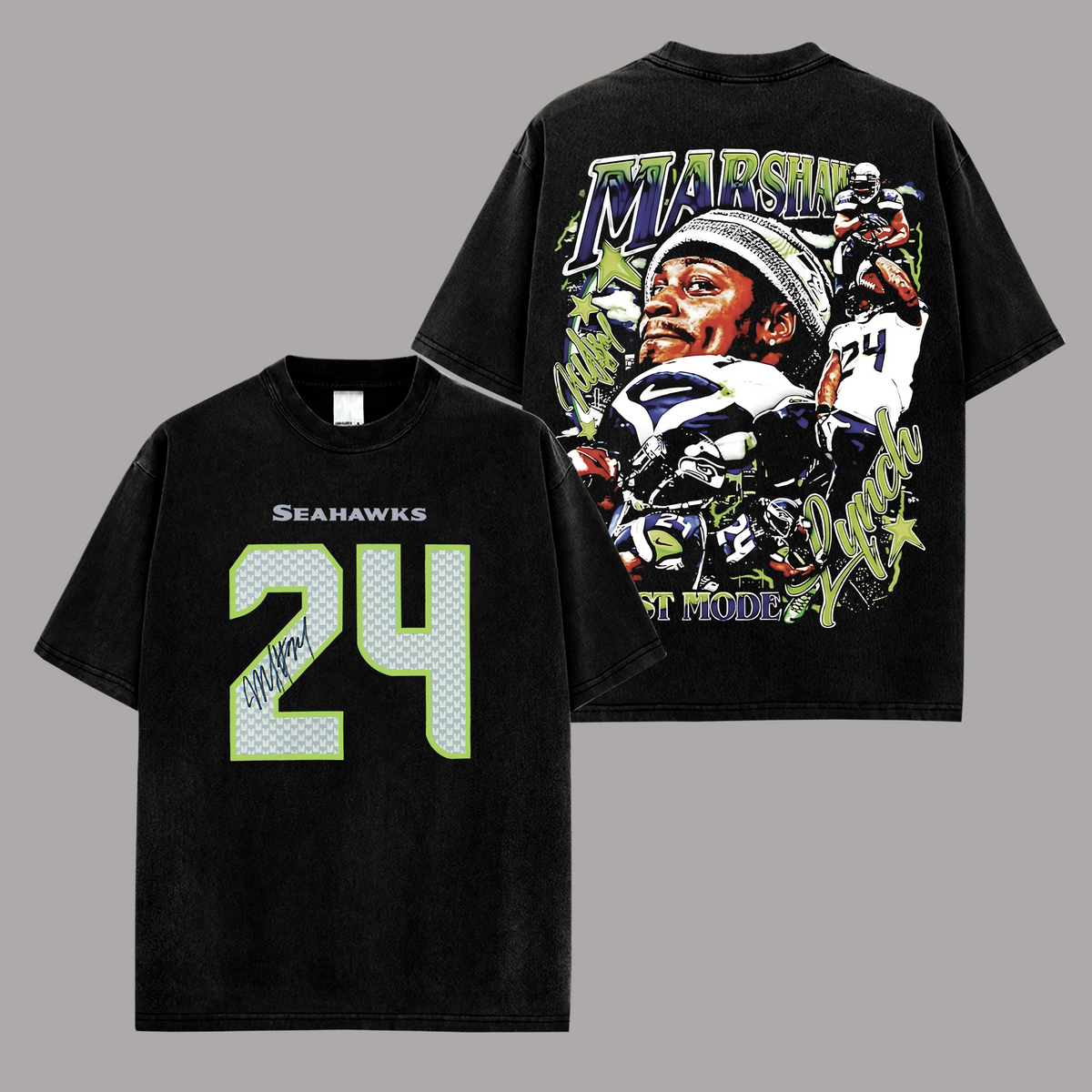 Marshawn Lynch #24 Seattle Seahawks Edition Double Printed Oversize Lightweight Cotton T-Shirt
