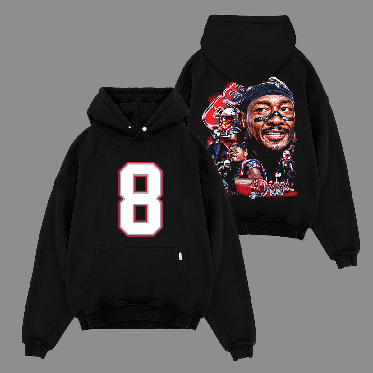 Stefon Diggs #8 Patriots England Edition Double Printed Oversize Lightweight Cotton Hoodie Sweatshirt